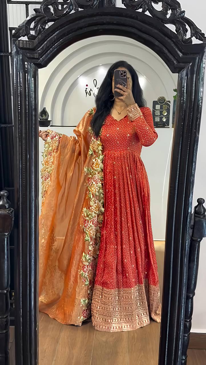 Prisha Golden Heavy chinon silk Party Wear Designer Anarkali