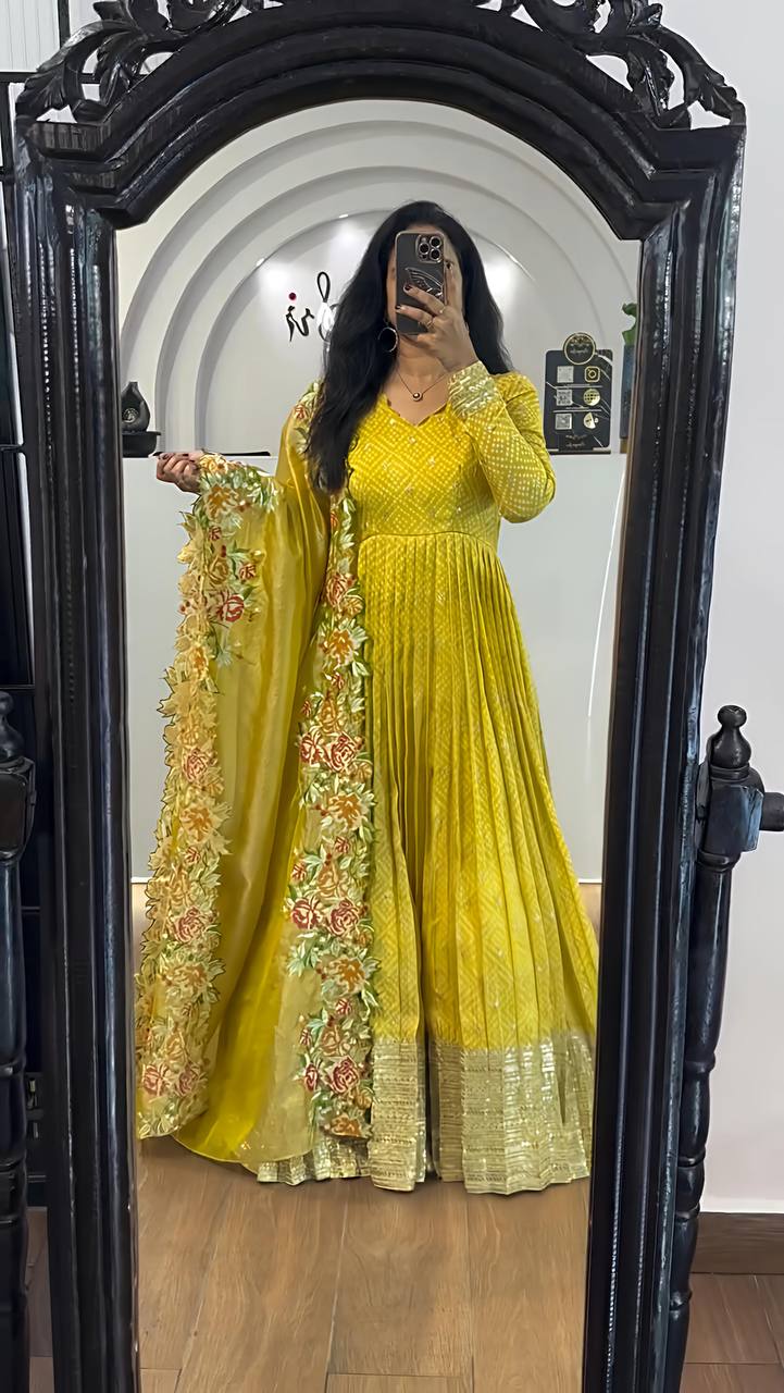 Prisha Golden Heavy chinon silk Party Wear Designer Anarkali