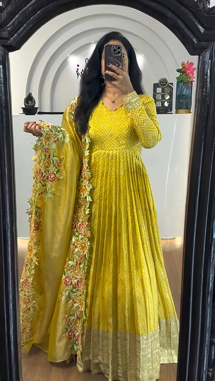 Prisha Golden Heavy chinon silk Party Wear Designer Anarkali