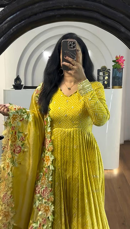 Prisha Golden Heavy chinon silk Party Wear Designer Anarkali