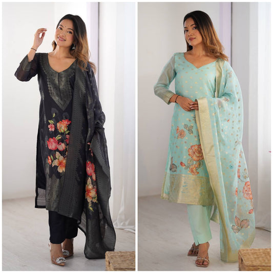 Chanderi Noir Bloom Digital Print Set