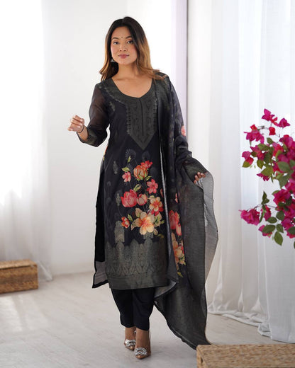 Chanderi Noir Bloom Digital Print Set