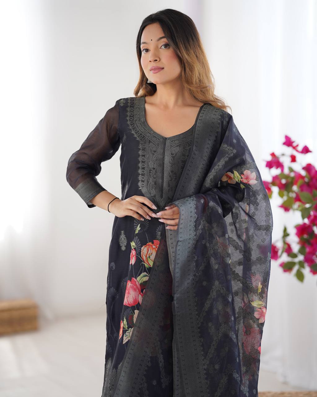 Chanderi Noir Bloom Digital Print Set