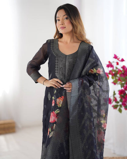 Chanderi Noir Bloom Digital Print Set