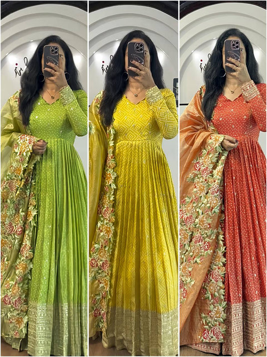 Prisha Golden Heavy chinon silk Party Wear Designer Anarkali