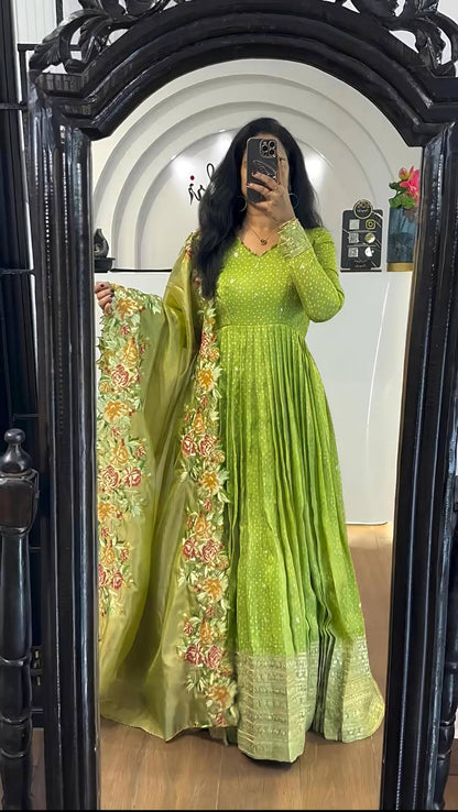 Prisha Golden Heavy chinon silk Party Wear Designer Anarkali