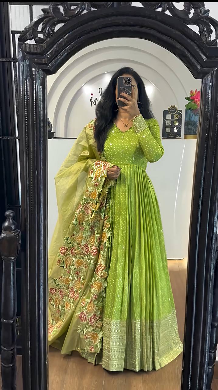 Prisha Golden Heavy chinon silk Party Wear Designer Anarkali