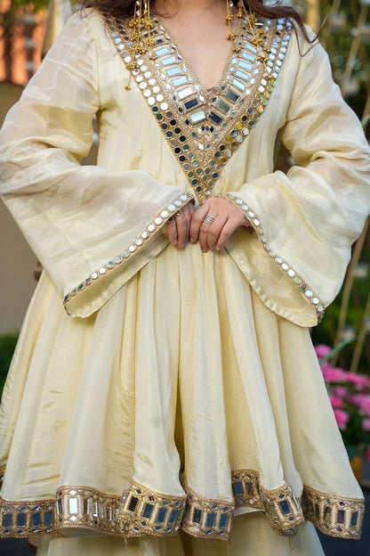 Ananya Cosmos Gold Jari Silk Real Mirror Work Sharara Set