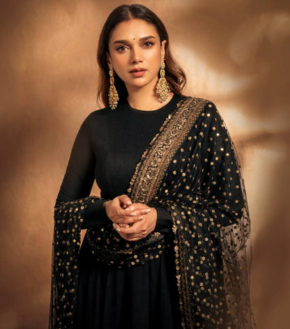 Aditi's Black Colour Embroidered Anarkali Suit Set