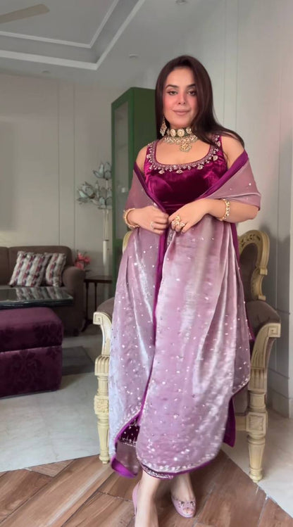  Nazakat Designer Party Wear Heavy Viscose Velvet Suit Set