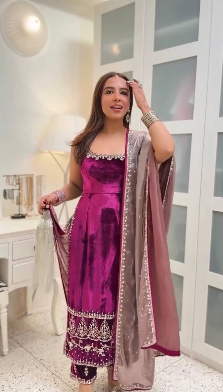  Nazakat Designer Party Wear Heavy Viscose Velvet Suit Set