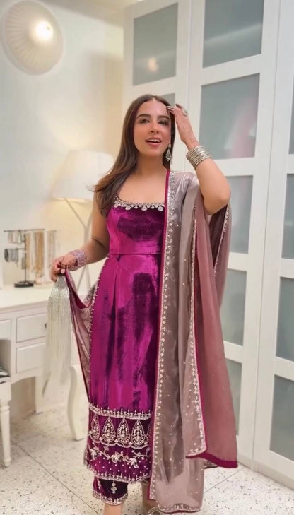  Nazakat Designer Party Wear Heavy Viscose Velvet Suit Set