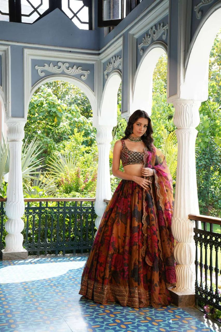 Sunset Serenade Boho Floral Organza Lehenga with Beaded Blouse & Zari Border Dupatta
