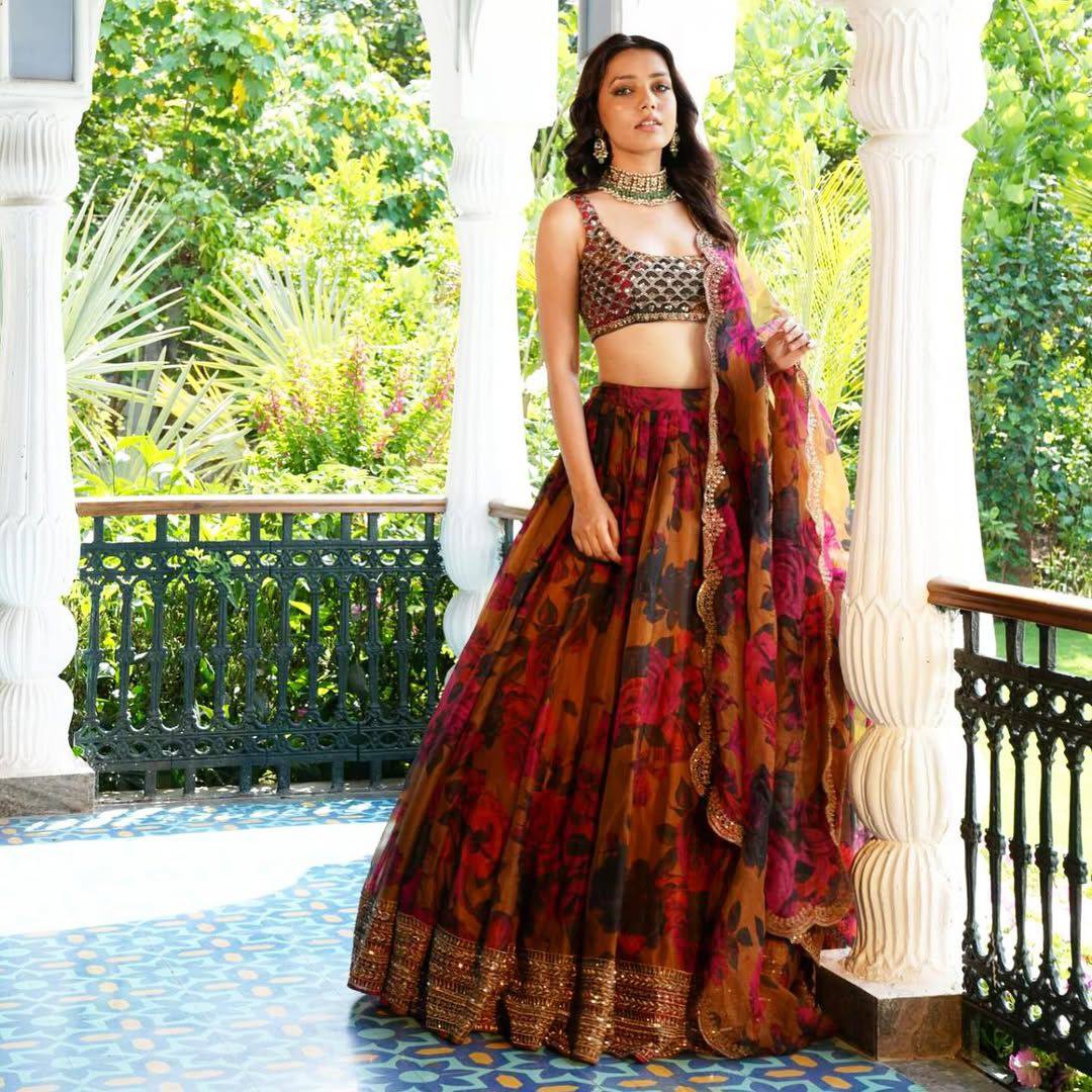 Sunset Serenade Boho Floral Organza Lehenga with Beaded Blouse & Zari Border Dupatta