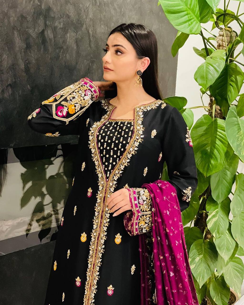 Aneza Velvet Heritage Embroidered Kurti Plazzo Set