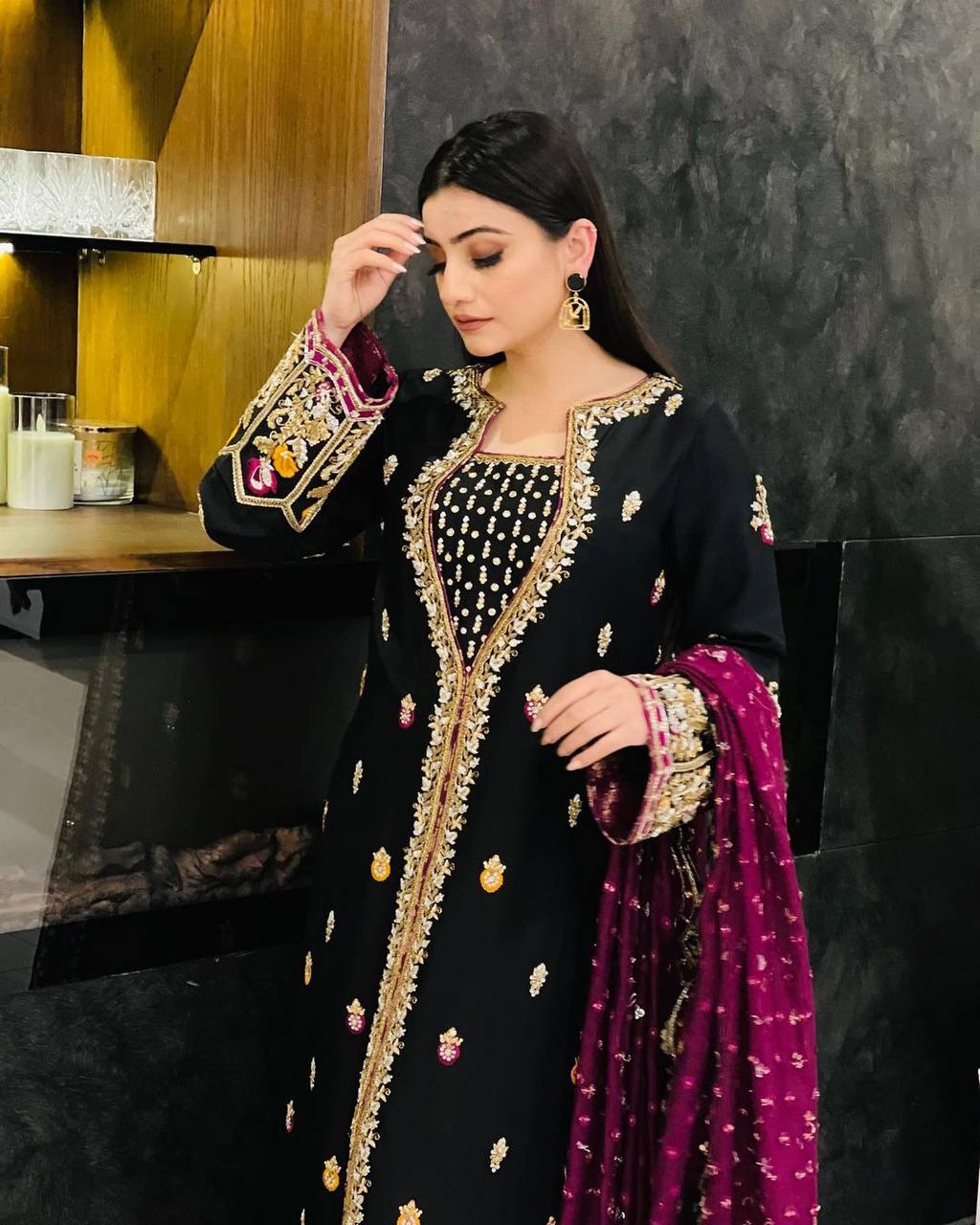 Aneza Velvet Heritage Embroidered Kurti Plazzo Set