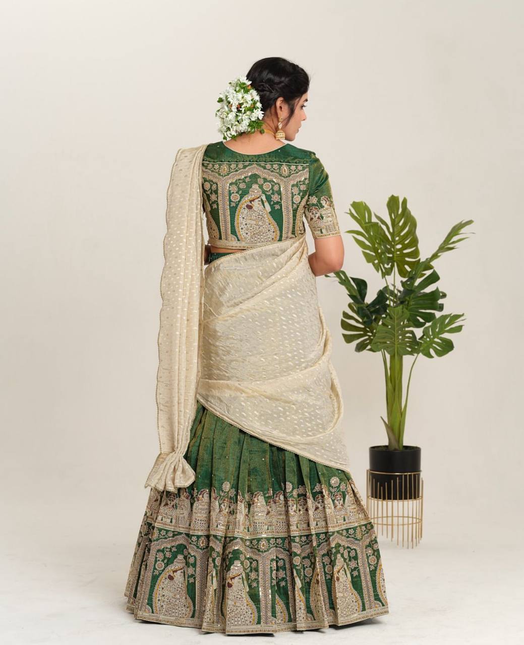 Queen of Viridescence KalamKari Print Nature Lahenga
