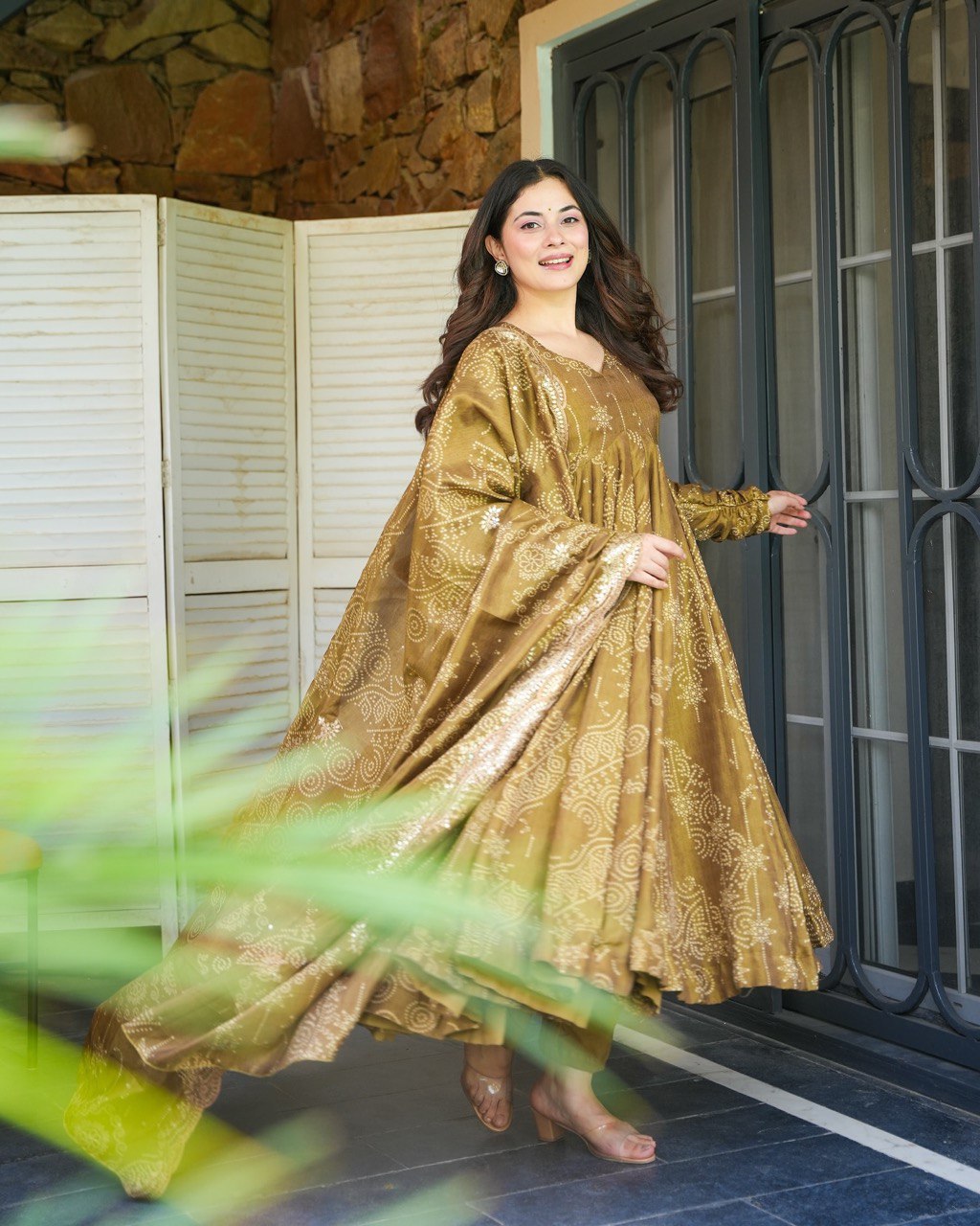Golden  Whirl Elegant Soft Muslin Bandhej Apporx Anarkali