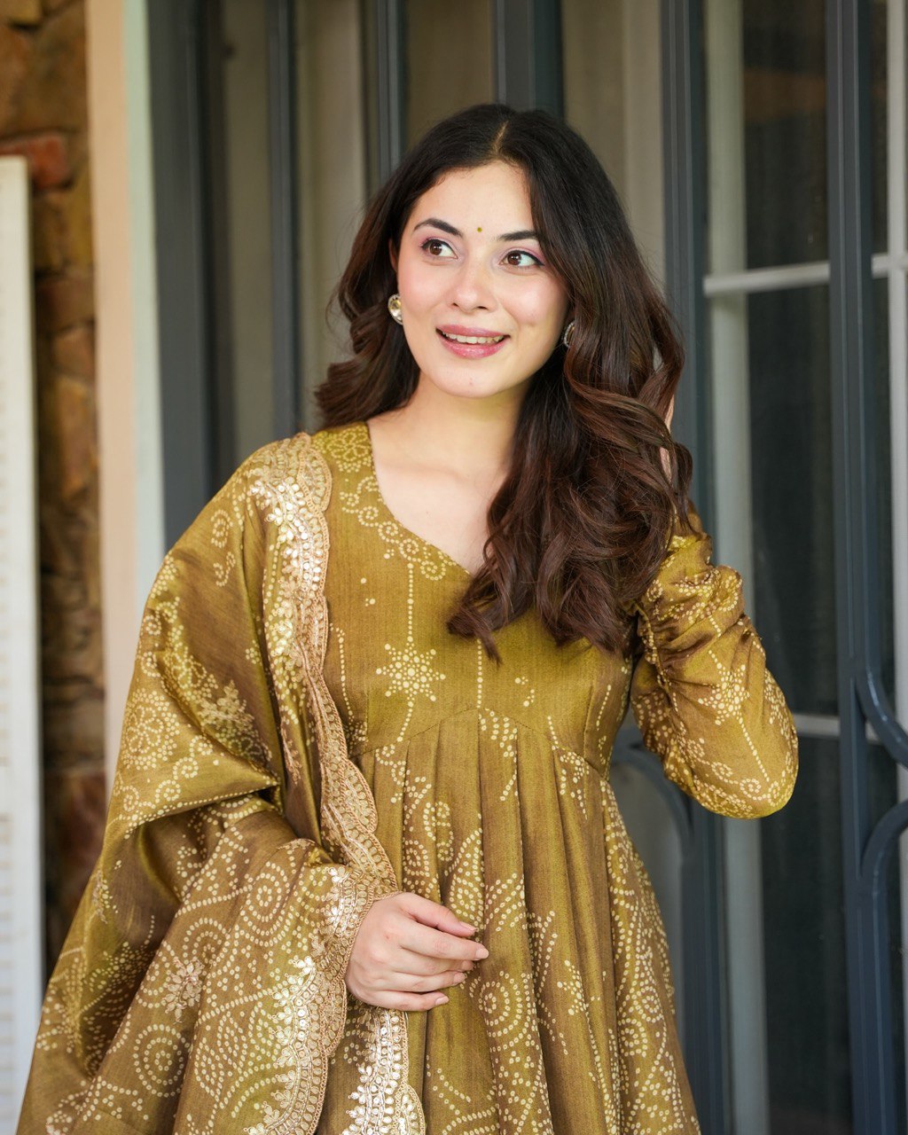 Golden  Whirl Elegant Soft Muslin Bandhej Apporx Anarkali
