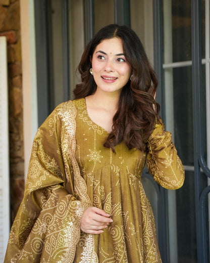 Golden  Whirl Elegant Soft Muslin Bandhej Apporx Anarkali