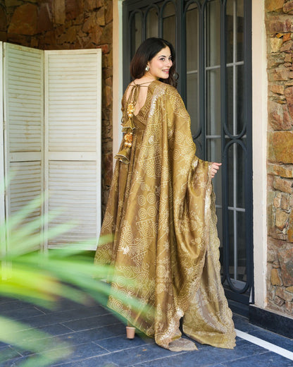 Golden  Whirl Elegant Soft Muslin Bandhej Apporx Anarkali