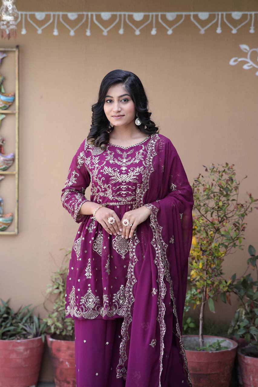 Parizah Ensemble with Intricate Zari Embroidery & Graceful Sharara