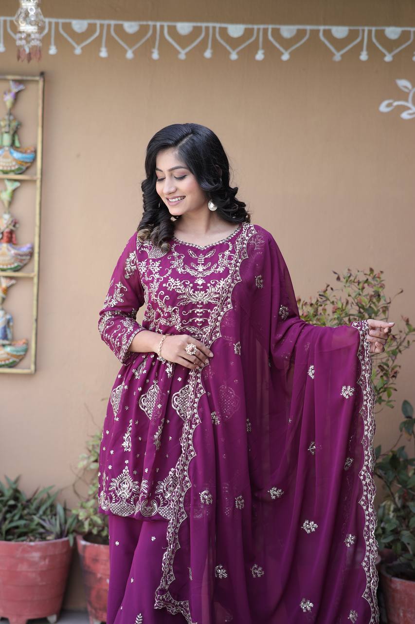 Parizah Ensemble with Intricate Zari Embroidery & Graceful Sharara