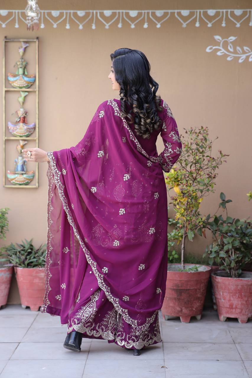 Parizah Ensemble with Intricate Zari Embroidery & Graceful Sharara