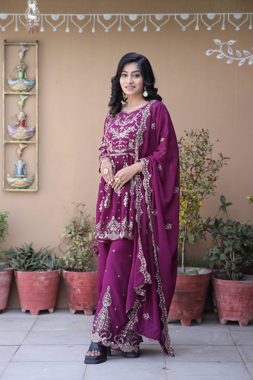 Parizah Ensemble with Intricate Zari Embroidery & Graceful Sharara