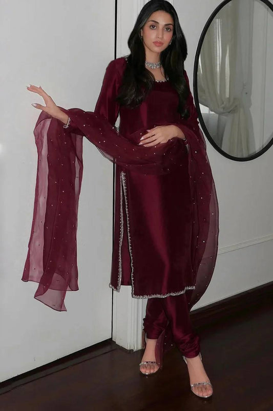 Aleeza Deep Maroon embellished border Suit