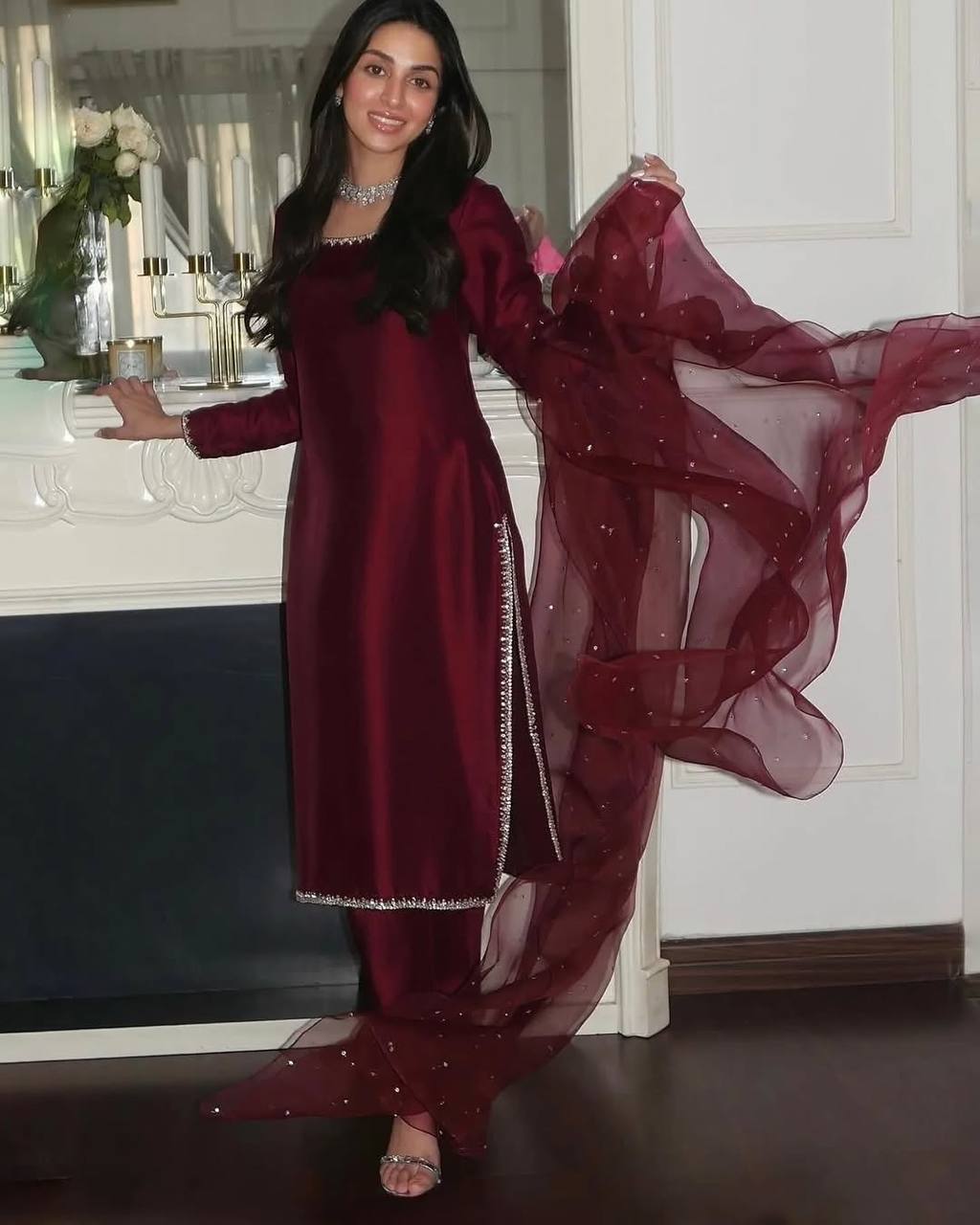 Aleeza Deep Maroon embellished border Suit