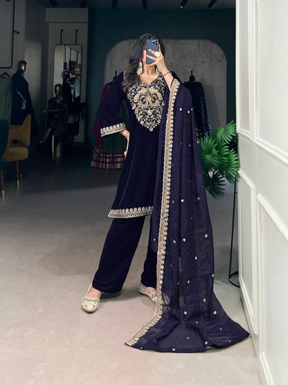 Shahi Luxurious Deep Blue Zari Embroidery Velvet Suit Set