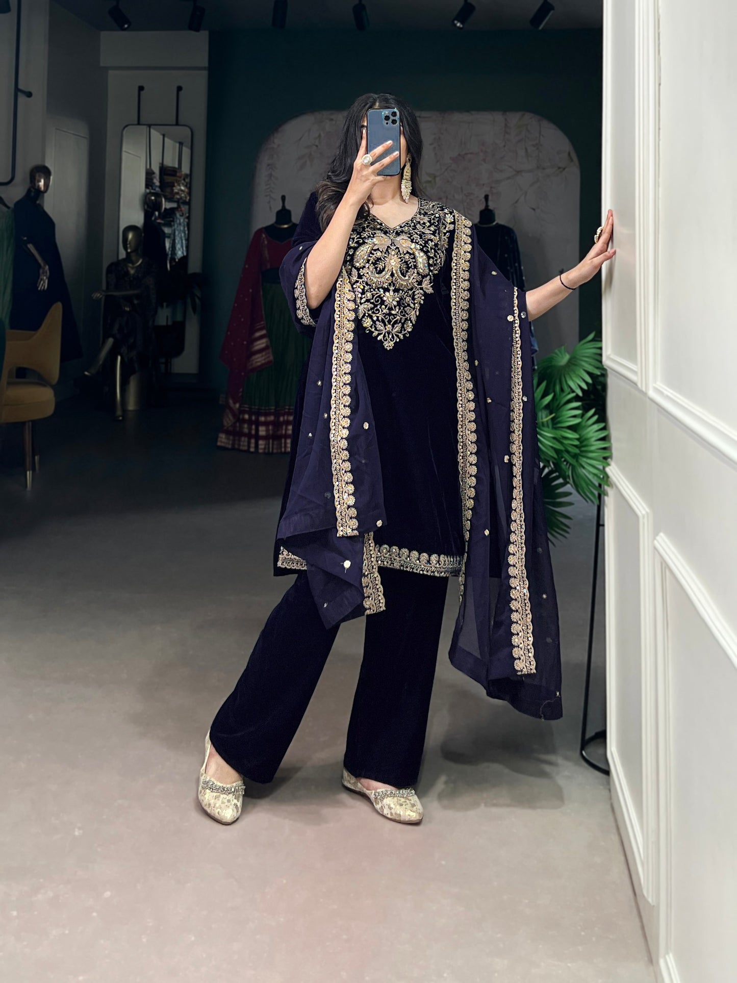 Shahi Luxurious Deep Blue Zari Embroidery Velvet Suit Set