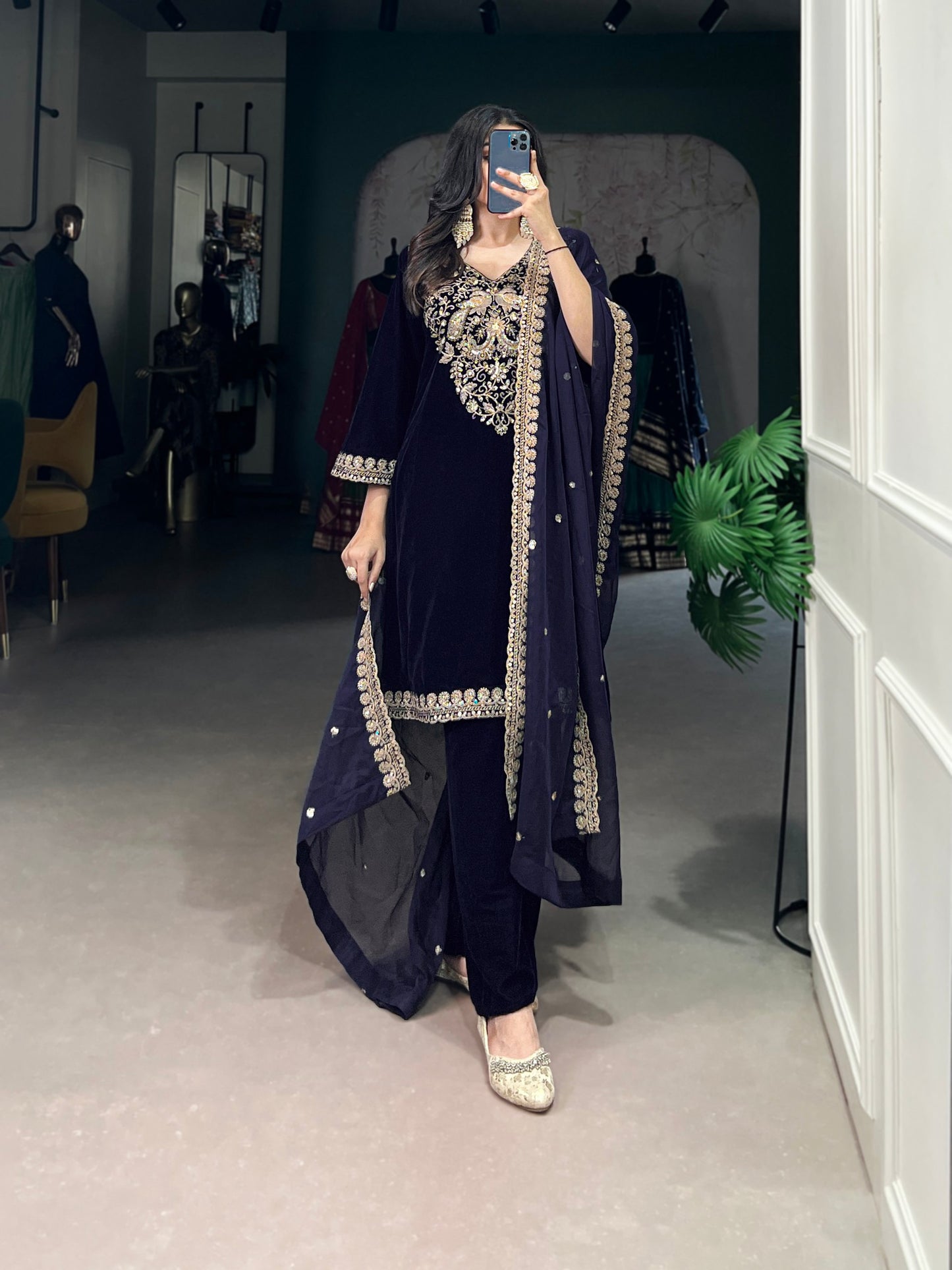 Shahi Luxurious Deep Blue Zari Embroidery Velvet Suit Set