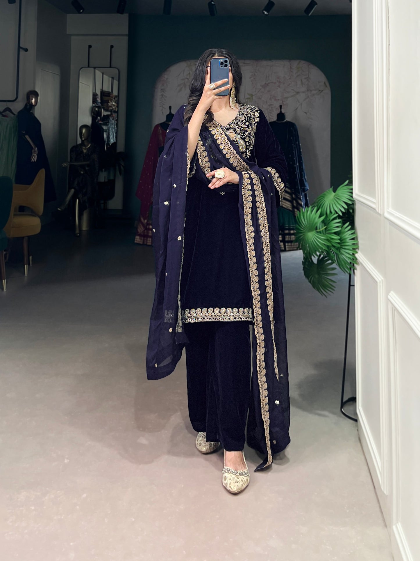 Shahi Luxurious Deep Blue Zari Embroidery Velvet Suit Set