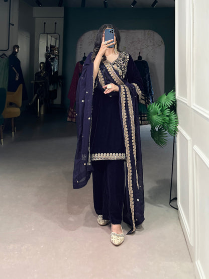 Shahi Luxurious Deep Blue Zari Embroidery Velvet Suit Set
