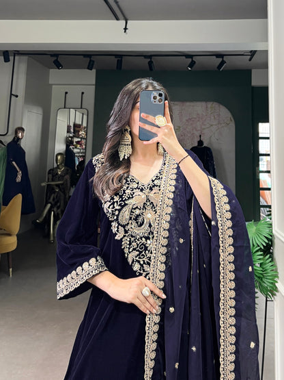 Shahi Luxurious Deep Blue Zari Embroidery Velvet Suit Set