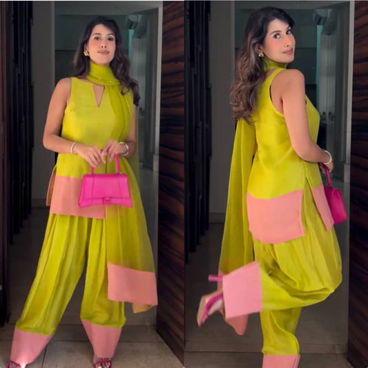Lime Sunshine Natural Crap Silk Top & Farshi Palazzo With Dupatta set