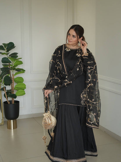 Black Embroidered Sharara Suit with Dupatta
