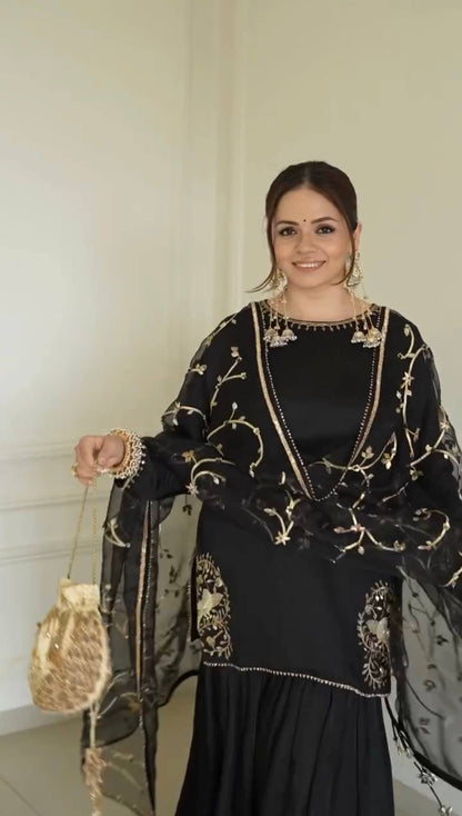 Black Embroidered Sharara Suit with Dupatta