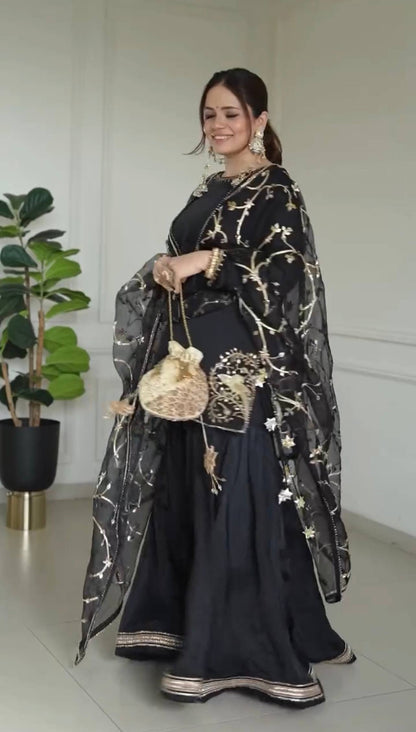 Black Embroidered Sharara Suit with Dupatta