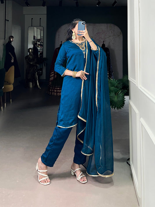 Noor-e-Teal Radiance Vichitra Silk Golden Borders Suit