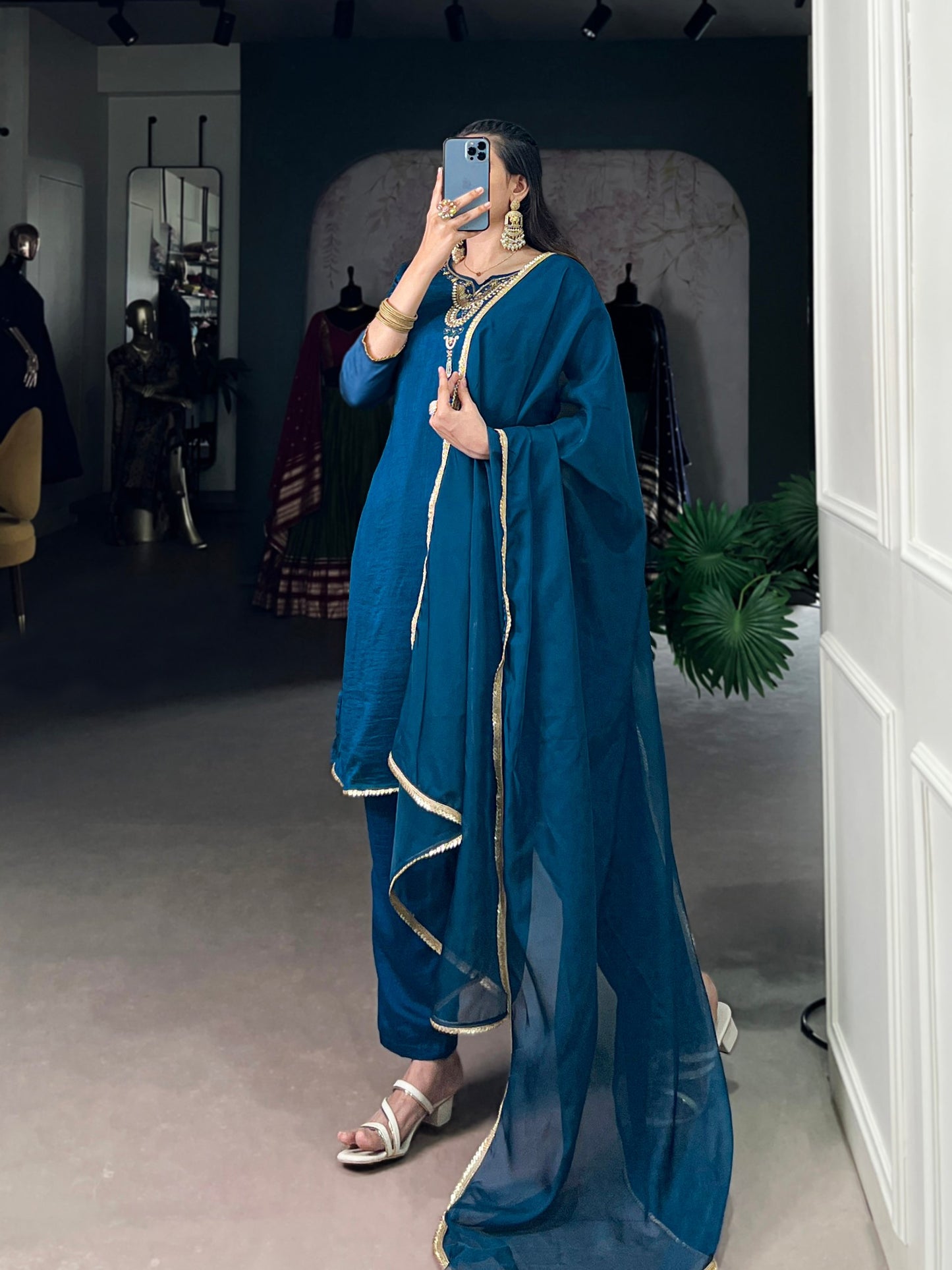 Noor-e-Teal Radiance Vichitra Silk Golden Borders Suit