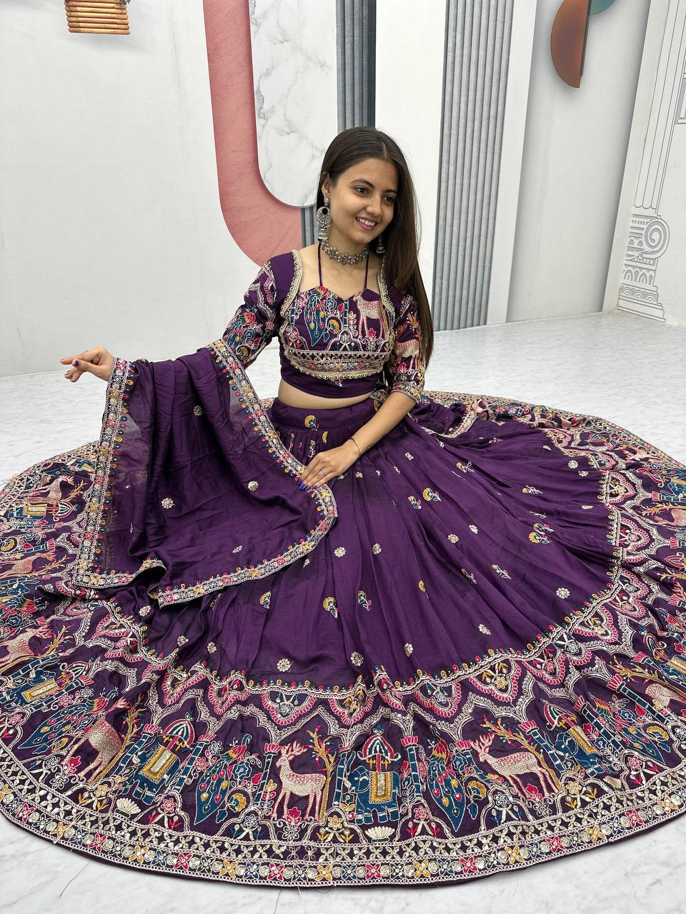 Regal Purple Embroidered Lehenga with Multicolor Detailing