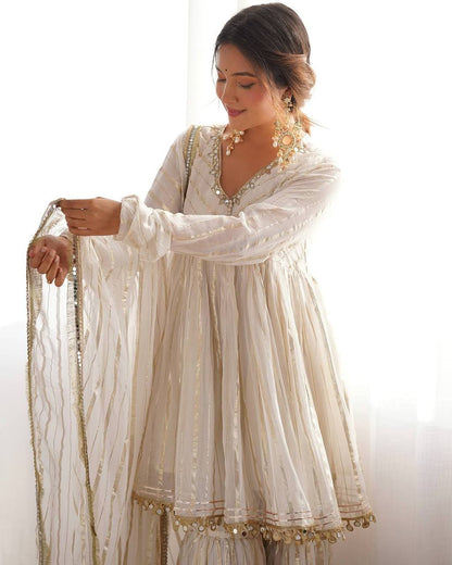 Ivory Glow Sharara Set with Mirror Lace Detailing