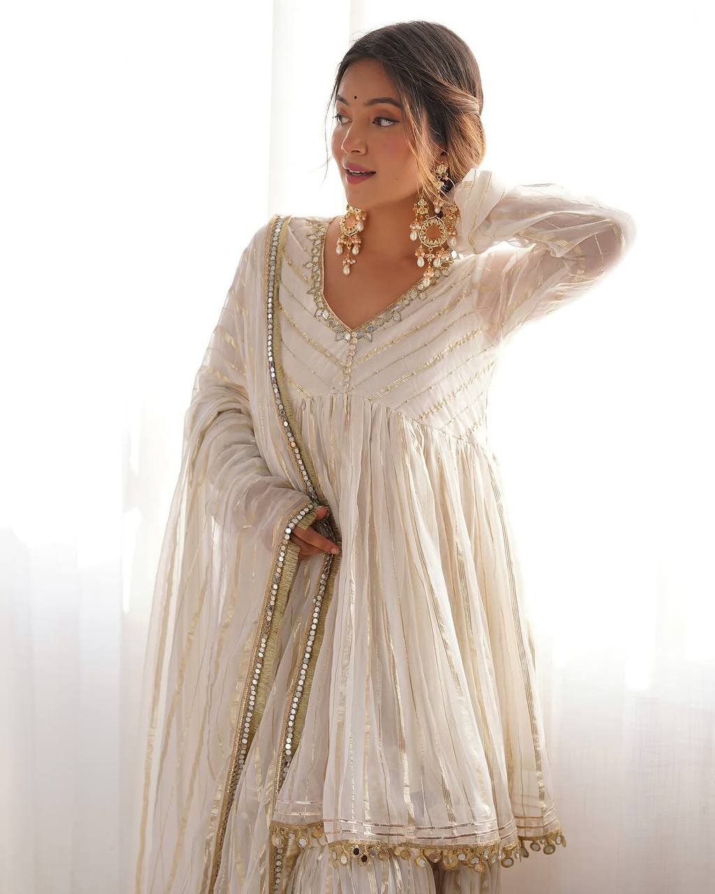 Ivory Glow Sharara Set with Mirror Lace Detailing