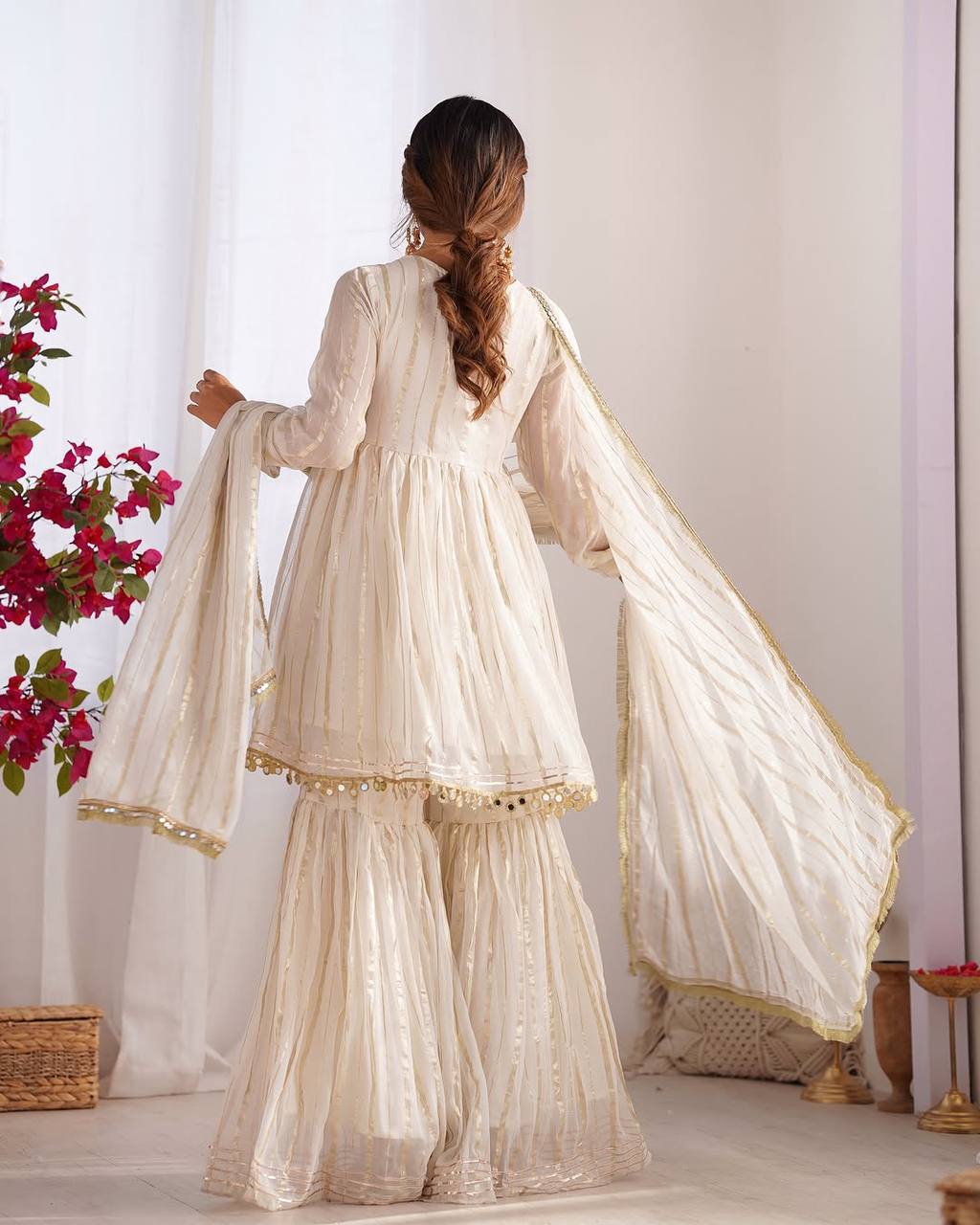 Ivory Glow Sharara Set with Mirror Lace Detailing