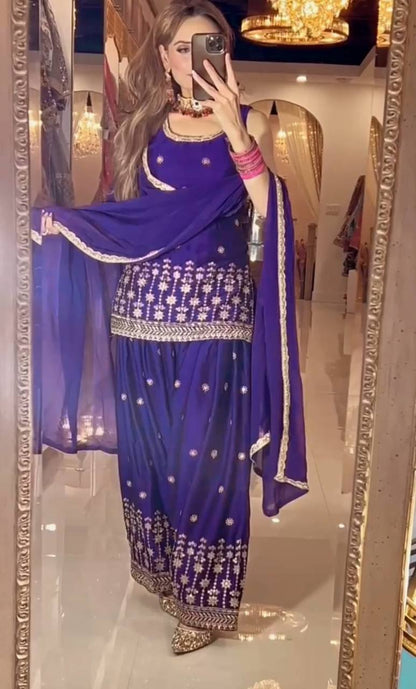 Elegant Royal Blue Embroidered Patiala Suit Set with Dupatta Golden Detailing