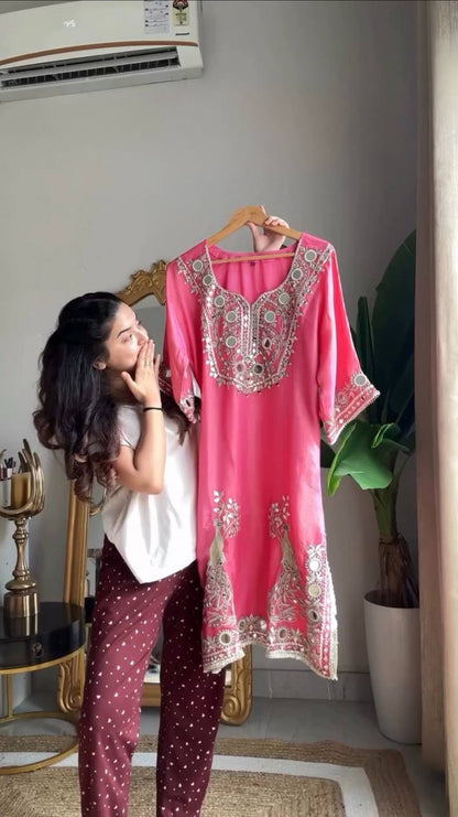 Pink Thread Work Kurta Set