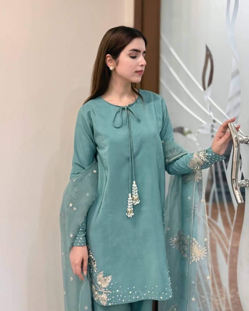 Aqua Dusk  Natural Crep Silk New Designer Suit